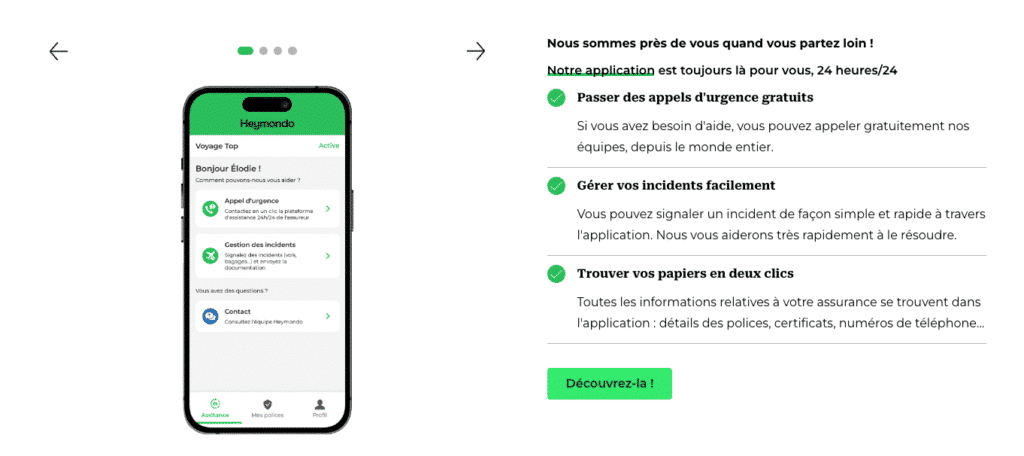 Capture d'écran sur site internet d'Heymondo avec les avantages de l'application