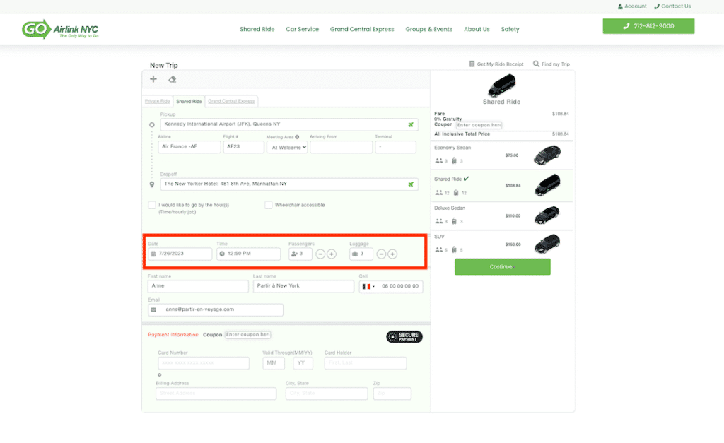 Screenshot to book a shared shuttle to New York