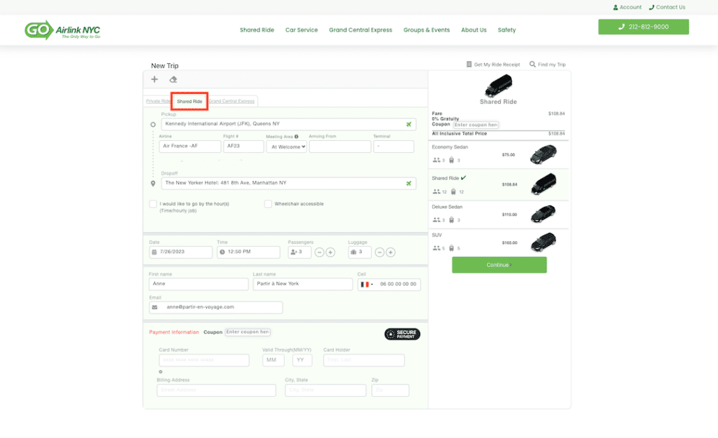 Screenshot to book a shared shuttle