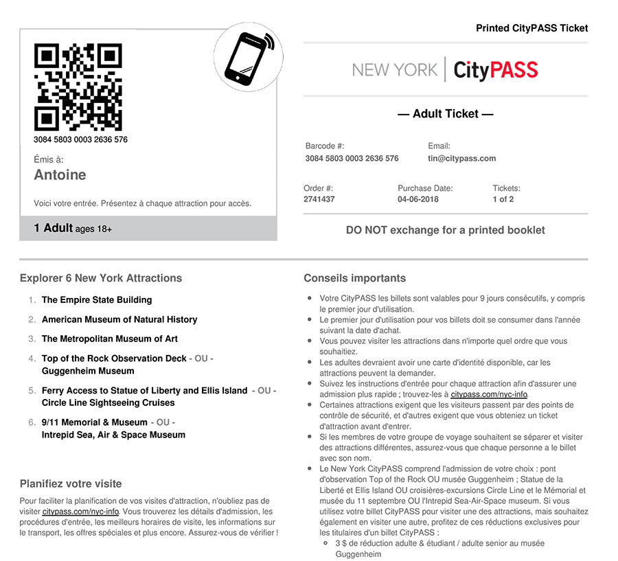 Billet électronique New York City Pass