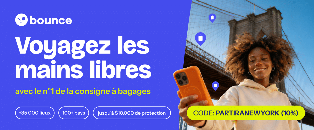 Bandeau promotionnel Bounce avec un code de réduction spécial Partir à New York