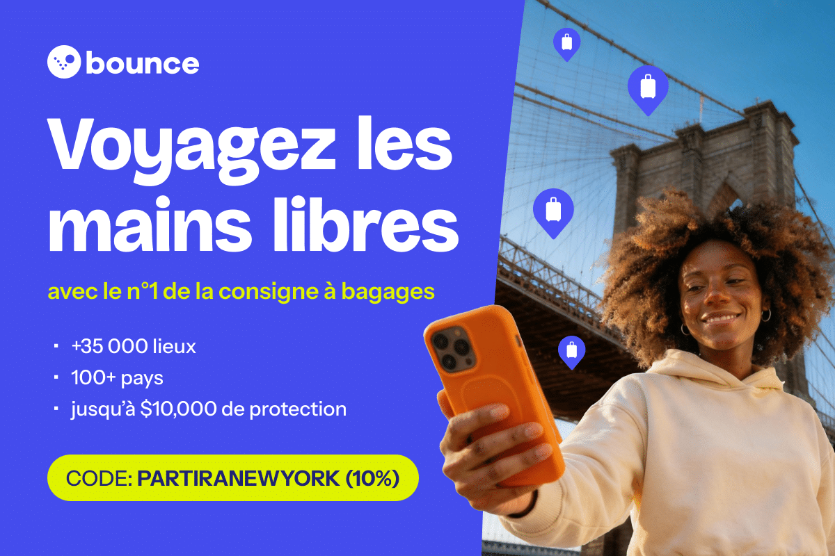 Bannière promotionnelle Bounce avec un code de réduction spécial Partir à New York